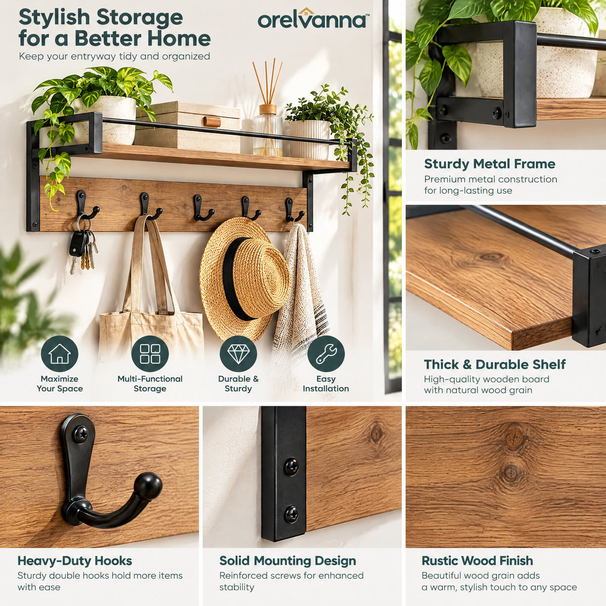 Orelvanna™ Wall-Mounted Entryway Shelf with Hooks — image 3