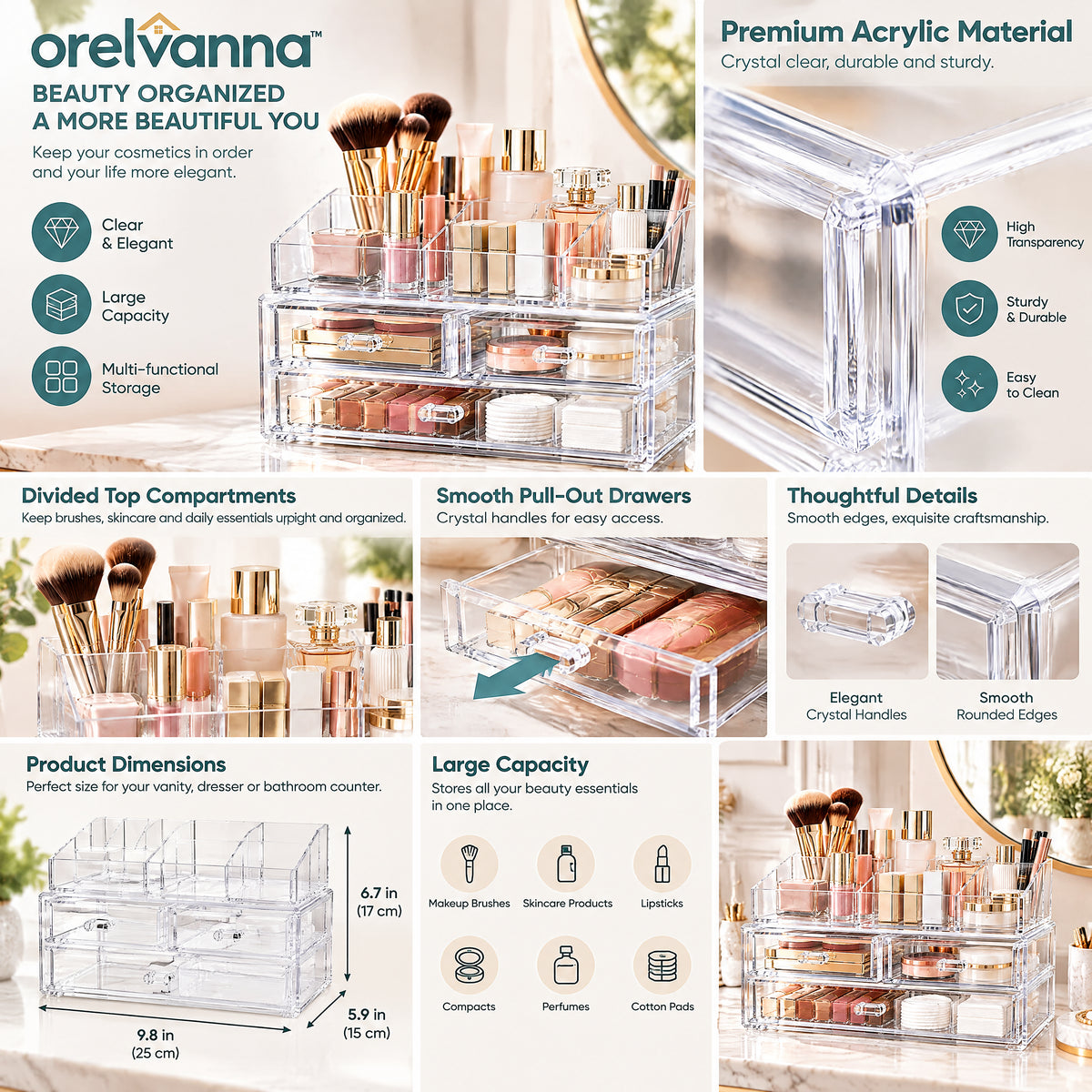 Orelvanna™ Clear Acrylic Makeup Organizer with Drawers — image 4